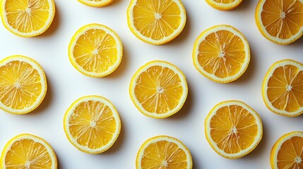 Fototapeta premium Freshly Cut Lemon Slices Arranged Neatly on White Surface for Vibrant Culinary and Beverage Background