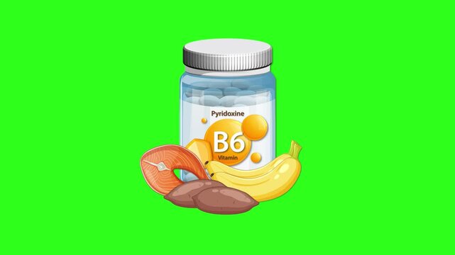 Vitamin B6 Supplement Bottle with Fruits Animation on Green Background