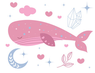 Cute Pink Whale Swimming with Moon and Decorative Elements