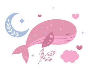 Cute Pink Whale Floating with Moon and Stars Illustration