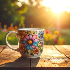 Floral mug on a wooden surface with warm, out-of-focus light filtering through a colorful garden backdrop