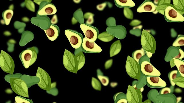 Seamless Falling Avocado Halves and Leaves on Black Background
