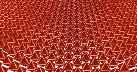 Abstract 3D geometric background featuring a repeating pattern of red triangular shapes with sharp angles and depth. Modern futuristic design suitable for technology, architecture, data visualization
