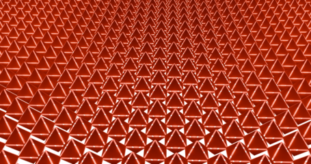 Abstract 3D geometric background featuring a repeating pattern of red triangular shapes with sharp angles and depth. Modern futuristic design suitable for technology, architecture, data visualization