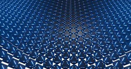 Abstract 3D geometric background featuring a repeating pattern of blue triangular shapes with sharp angles and depth. Modern futuristic design suitable for technology, architecture, data visualization