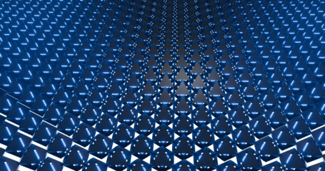 Abstract 3D geometric background featuring a repeating pattern of blue triangular shapes with sharp angles and depth. Modern futuristic design suitable for technology, architecture, data visualization