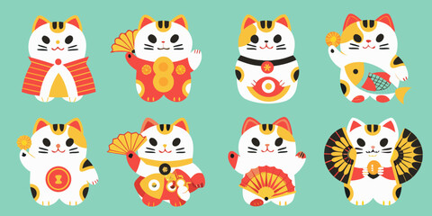 A collection of colorful maneki neko illustrations with various traditional motifs
