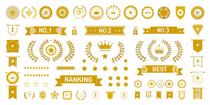 Golden badges ribbons and stars a collection of ranking and quality symbols
