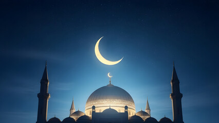 Beautiful Islamic mosque with glowing crescent moon under deep blue night sky, peaceful spiritual atmosphere, elegant architecture, perfect for Ramadan, Eid, and religious background design.