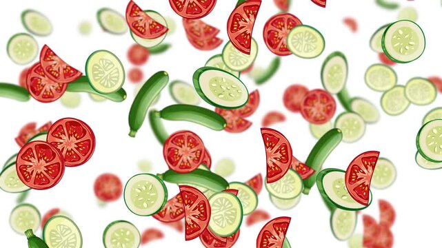 Raining Tomato and Cucumber Slices on Clean White Background