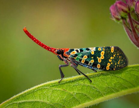 Close-up of a colorful, long-snouted insect on a vibrant green leaf