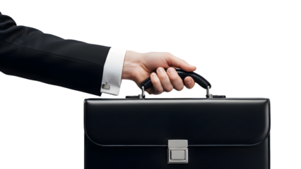 Businessman's hand holding briefcase isolated on transparent background symbolizing corporate professionalism and finance