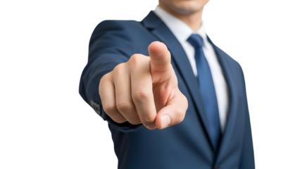 Businessman pointing hand isolated on transparent background corporate concept