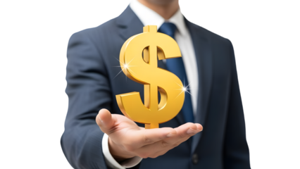 Businessman holding golden dollar sign isolated on transparent background representing finance and investment