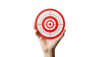 Business target concept with hand holding red and white bullseye on isolated transparent background