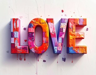 Love typography with a creative 3D block style,white background.
