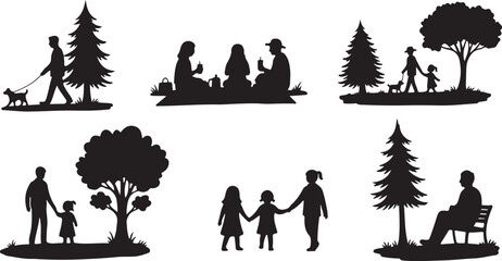 Family Silhouettes in Nature Park Setting Vector Graphics