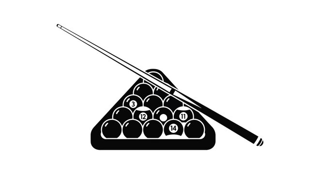 A striking black silhouette of billiard balls and cue stick in game arrangement silhouette