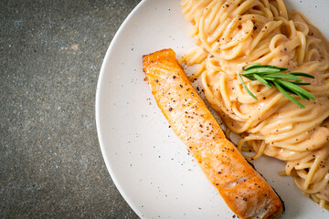 grilled salmon with spaghetti creamy tomato sauce