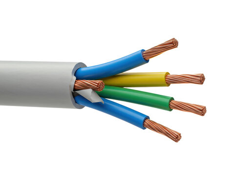 Macro of a stripped multi-core electrical power cable with blue, yellow, green, and brown conductors and copper wires on a white background, concept of engineering accuracy