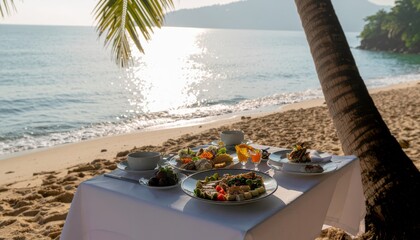 Beachside Dining with Tropical Fruits and Drinks.
