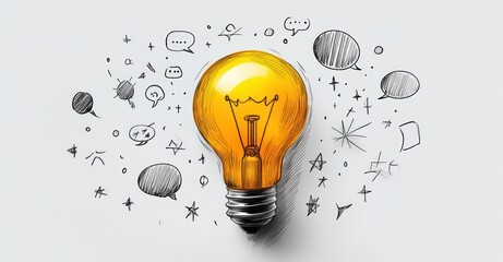 glowing yellow light bulb centered on white background surrounded by hand-drawn black doodles, speech bubbles and stars conveying playful inspiration