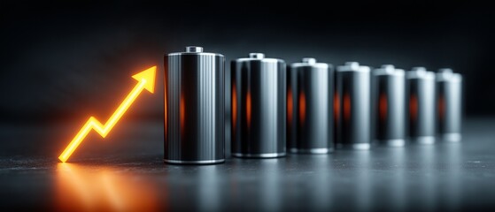 Battery market growth and investment trends are indicated by a row of cylindrical battery cells with a glowing upward arrow.