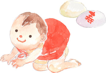 一升餅を背負う赤ちゃんの水彩イラスト　ベクター
