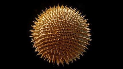 Close-up of a spherical object covered in sharp golden spikes against a black background, showing detailed texture and intricate spiked patterns