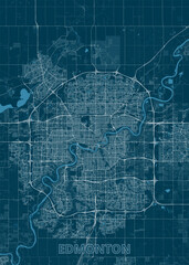 Map of Edmonton, Canada, is presented in shades of blue. The city's layout, including streets, buildings, and the river winding through it, is depicted with fine white lines