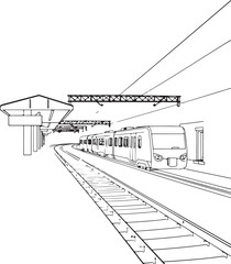 Train station Hand-drawn Sketch Drawing Vector Illustration, Line Linear Symbol Engraving Coloring Book, Black and White Isolated
