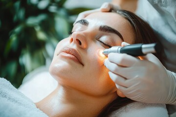 Close-up of a woman receiving a glowing light facial treatment on her cheek with eyes closed, showing a calm and relaxed expression in a spa setting