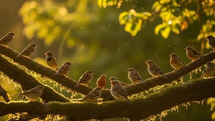 Sparrows on mossy tree branch in natural setting