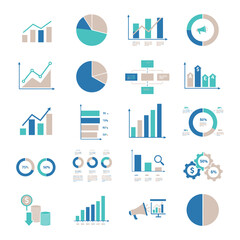 Business Infographic Icon Set with Charts Graphs and Data Visualization Elements in Blue and Tan