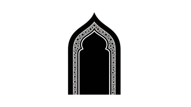 A black and white illustration of an ornate arched window with intricate patterns on a plain white background with Islamic and architecture and decorative