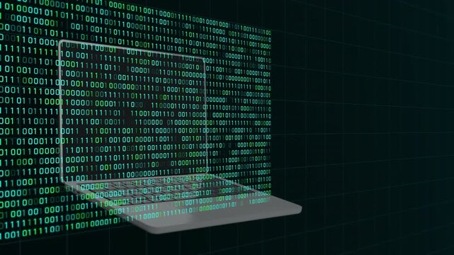 Laptop screen showcasing a waterfall of green binary code for big data analysis and software development concepts.