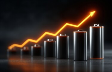 Battery market growth and investment trends are indicated by a row of cylindrical battery cells with a glowing upward arrow.