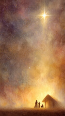 Nativity scene with bright star shining above stable and figures in warm glowing light