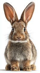Fototapeta premium Brown rabbit with large ears sitting and looking forward with curious expression on white background