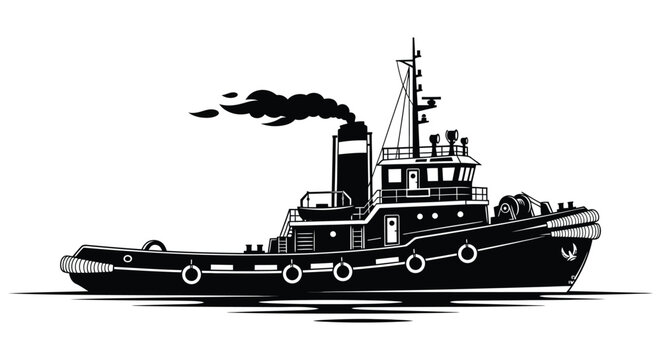 A detailed black and white illustration of a tugboat with smoke a striking silhouette
