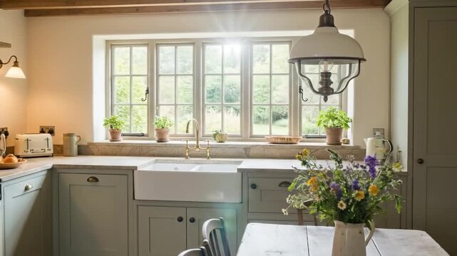 Charming cottage kitchen interior with rustic wood cabinetry and farm sink.