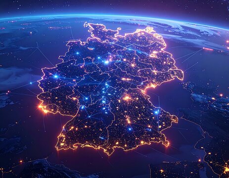Illuminated stylized map of Germany on a glowing world at night, network connections
