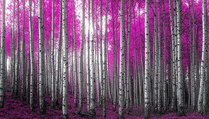 Enchanted birch forest with slender white trunks and vivid magenta canopy and undergrowth, dreamy ethereal atmosphere