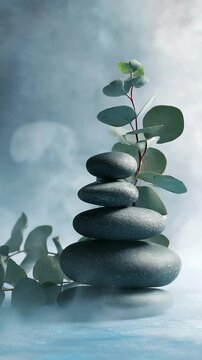 Stacked black spa stones with eucalyptus leaves in soft mist on blue background. Minimal wellness and meditation concept for balance, relaxation and harmony