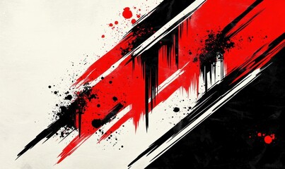 Diagonal red and black paint streaks, drips and splatters on a textured white background conveying bold aggressive grunge energy