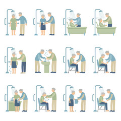 Fototapeta premium Geriatric Bathing and Hygiene Assistance Illustration Set, Professional Caregivers Helping Seniors with Showering and Daily Personal Care Tasks
