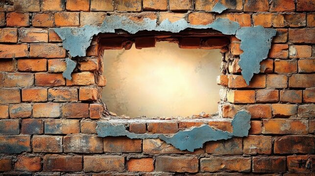 damaged brick wall with a rectangular hole and remnants of blue plaster surrounding the opening revealing a blurred background
