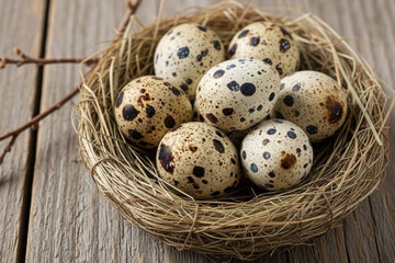 Obraz premium Quail eggs nestled in rustic bird nest made of dried grass