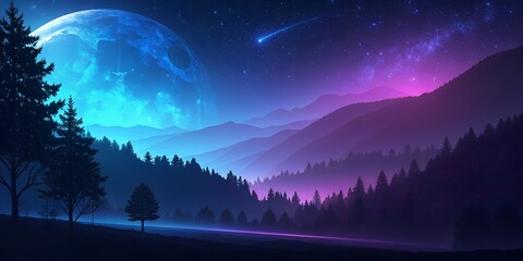 Cosmic landscape with huge blue planet and shooting star over purple mountains and pine forest at night fantasy art background