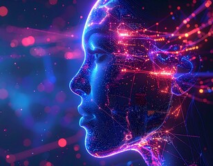 Digital profile of a woman with neon brain and data streams